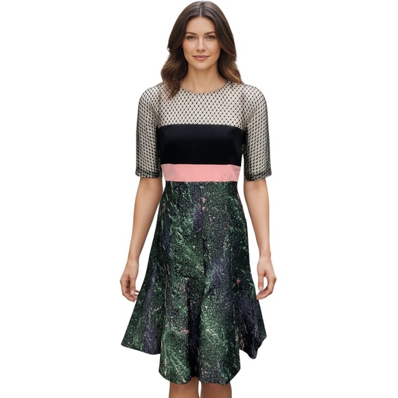 J. MENDEL TEAL MULTI LACE AND JACQUARD COCKTAIL DRESS - Picture 5 of 5